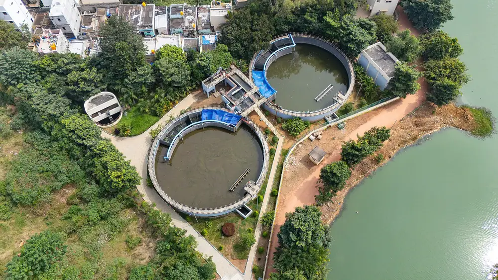 Aerial view of a large municipal water treatment plant serving a major city